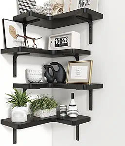 Venusmiles Corner Floating Shelves Set of 4, Wall Mounted L-Shaped Storage - Maximize Unused Corner Space in Bathroom, Kitchen, Bedroom, Office, Jet Black