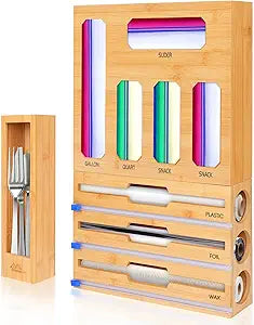 Bamboo Ziplock Bag Organizer for Kitchen Drawer & Wall Mount, Food Storage Baggie Holder, Fits Gallon Quart Sandwich Snack Freezer & Slider Bags, No Assembly, 9 in 1,Natural Color