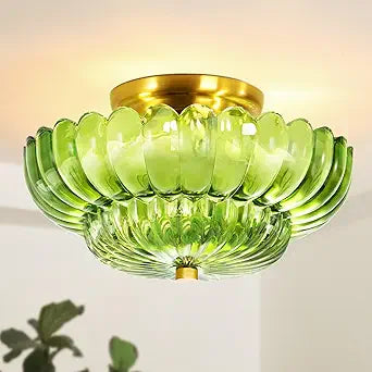 Semi Flush Mount Ceiling Light Fixture Vinatge Gold Ceiling Lights Mid Century Modern Green Glass Close to Ceiling Lighting Fixtures for Bedroom Hallway Foyer Bathroom Kitchen Laundry Room Nursery
