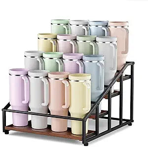 MOJOHAND 4-Tier Stanley Tumbler Organizer, Holds 16 Stanley 40 oz Tumblers & Water BottlesFits All Kinds of Bottles, Organizes Pantry, Kitchen, or as a Wine Rack