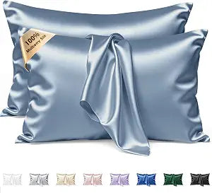 Silk Pillow Cases 2 Pack King Size Mulberry Silk Pillowcase Set of 2 for Hair & Skin 36 x 20 Inches 22 Momme Both Sided Grade 6A Silk Soft Breathable Cooling with Hidden Zipper, Grey Blue