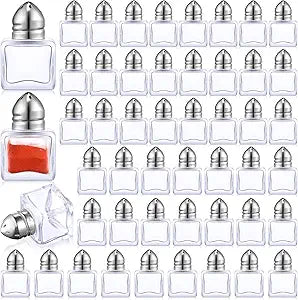 Potchen 50 Set Mini Salt and Pepper Shakers Small Salt and Pepper Shakers Bulk Clear Glass Individual Tiny Spice Seasoning Holders for Home Restaurant Kitchen Table Wedding Party Supplies(Silver)