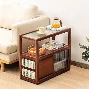 Tiita Rattan Nightstand Side Table, Bamboo Accent Bedside Tables, Glass Coffee Tables, Boho Wooden End Table with Storage for Small Space, Living Room and Bedroom