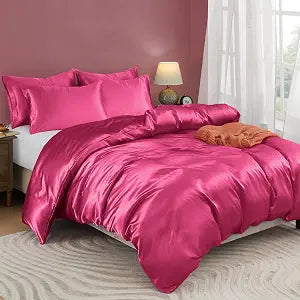 Horbaunal 5 Pieces Satin Duvet Cover Set Queen/Full Size, Hot Pink, No Comforter