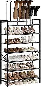 Free Standing Shoe Racks, 8-Tier Boot Rack Organizer for Tall Boots, Sneakers, High-Heel, Black Metal Shoe Storage for Dorm Room, Closet, Entryway, Hallway, Black, Holds 6 Pairs