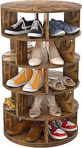 Aheaplus Rotating Shoe Rack, 5-Tier Wood Shoe Organizer for Closet, 360 Spinning Shoe Rack Tower Space-Saving Shoe Storage Shelf for Entryway, Garage, Bedroom, Rustic Brown