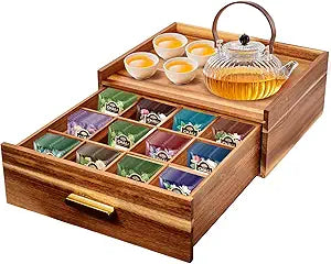 NANXITU Acacia Wood Tea Holder Organizer,Tea Box Organizer Storage Box,Tea Caddy for Tea Bags Organizer Drawer,with12 Compartments Multi-Functional Tea Station Chest for Countertop