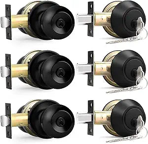 Probrico Flat Black Double Cylinder Handleset Combo Pack Keyed Alike Entry Knobs with Deadbolts Exterior Hardware for Outside Gate and Front Door 3 Pack