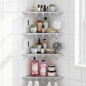 Wenqik 4 Pack 10'' Corner Shower Shelf with Hooks Sturdy 304 Stainless Steel, Space Saving Design Recessed Tile Shower Shelf for Inside, Tiled Walls, Bathroom Organization (Silver)
