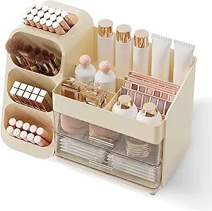 Booklov Makeup Organizer for Vanity, Large Capacity Cosmetic Display Case with Clear Acrylic Drawer, Countertop Beauty Storage Holder for Skincare, Brush Eyeshadow Lipstick Counter Desk, Crystal Cream