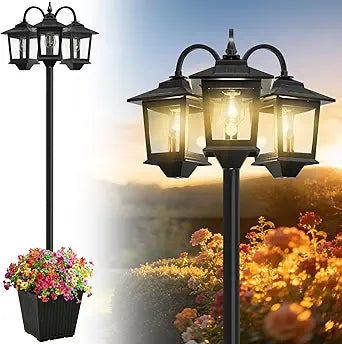 3-Head Solar Lamp Post with Planter, 74" Solar Light Flower Pot Lamp Post, 60Lm Waterproof Solar Light Poles for Outside, Garden, Patio, Yard, Driveway, Replaceable Bulb, Warm White (3000K)