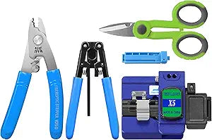 BAOSHLA5-piece kitFiber optic Termination tool kit X5 Optical Fiber Cleaver with 3 Port Stripper For 125m-250m and 3.0 mm x 2.0 mm Optical Stripper and Cable Cutter Scissors for Fiber Optic Shears