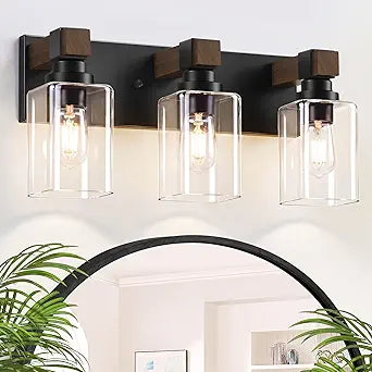 Farmhouse Bathroom Vanity Light, 3-Light Wood Bathroom Light Fixtures, Black Rustic Vanity Lights with Square Glass Shade, Vintage Lighting Fixtures Over Mirror for Bedroom Living Room Hallway