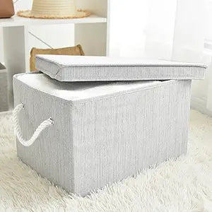 Large Storage Baskets with Lid for Shelves, Fabric Storage Bins with Cotton Rope Handles, Closet Organizer Box for Clothes, Blankets, Towels, Foldable Covered Storage Basket, Gey