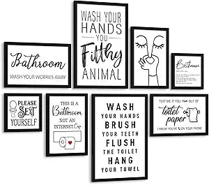 Faccito 8 Set Bathroom Wall Decor Funny Blacl and White Quotes Bathroom Wall Art Interesting Bad Smell Humorous Toilet Wooden Decoration Fun Wallart Signs Toilet Decor for Washroom