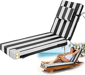 Chaise Lounge Cushions Outdoor 80x26x6 Inch, Fade Resistant 6'' Thicken Outdoor Lounge Chair Cushion with Headrest, Water-Resistant Patio Lounger Pad with Straps, Black White Striped