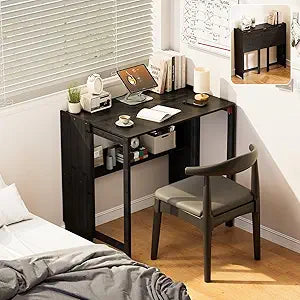 Bamboo Foldable Desk, Folding Desks for Small Spaces, Mid Century Small Computer Desk with Bookshelf for Bedroom Home Office, Black