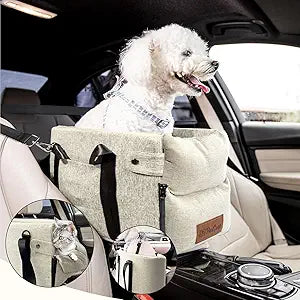 Center Console Dog Car Seat for Small Dogs and Puppies 5-13Lbs, Ideal Armrest Booster Car Travel Seat with Safety Protection Seat Belts, Storage Pockets - Reduces Anxiety (Woven - Beige)