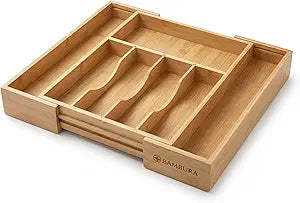 Premium Bamboo Utensil Drawer Organizer Expandable  Modular Silverware Organizer Adjustable Design w/Deep Compartments, Kitchen, & Office Drawer Dividers for Utensils, Cutlery, Makeup, Desk