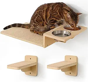 FUKUMARU Cat Wall Shelves, 3 in 1 Cats Walls Furniture Set, Food Station with 2 Steps, Birch Plywood Perch, Suitable for Kitten Play, Nap, Eat, DIY Wall Jungle Gym