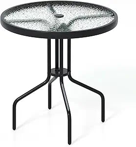 Tangkula 27.5 Inch Round Outdoor Dining Table with Tempered Glass Top, Outside Bistro Table with Umbrella Hole & Metal Frame, Patio Dining Table for Backyard, Lawn, Deck & Poolside