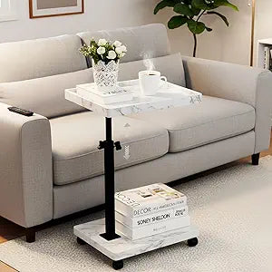 C Table End Table Adjustable Height,C Shaped End for CouchSnack Tables,360Swivel TV Tray Sofa Table,Tables that Slide Under,Coffee SideTable for Bed,Chair,Bath-tub (White Grain Color)