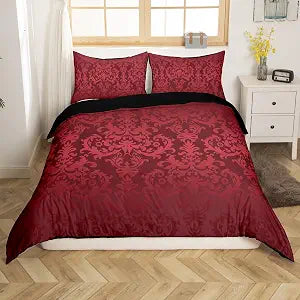 Burgundy Gothic Comforter Cover Queen Vintage Paisley Damask Floral Bedding Sets For Girls Women,Antique Victorian Baroque Duvet Cover Bohemian Exotic Bed Set Hotel Luxury Room Decor Zipper 3 Pcs