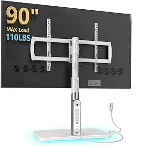 Universal TV Stand Tabletop TV Mount with Power Outlet for 50-90 Inch OLED LED Monitors, 9 Levels Height Adjustment, Ambient Lighting on The Bottom Holds up to 150lbs, White Max Vesa 600x400mm