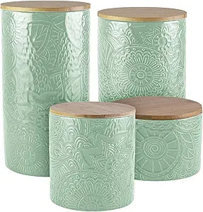 American Atelier 1182486-RB Embossed Canister 4-Piece Ceramic Set Jar Container with Wooden Lids for Cookies, Candy, Coffee, Flour, Sugar, Rice, Pasta, Cereal & More Sage