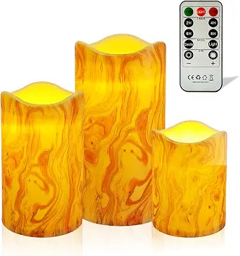 Wood Print Flameless Candles, 4" 5" 6" Set of 3 with Remote for Home Decor