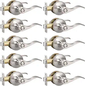 Knobonly 10 Pack Brushed Satin Nickel Door Lever Privacy Door Handles, Zinc Alloy Door Handle Interior, Keyless Lock for Bedroom or Bathroom