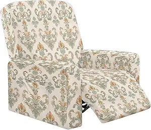 Damask Flower Recliner Sofa Cover with Storage Pockets, Nonslip 4-Pieces Retro Nordic Style Stretch Recliner Couch Cover French Countryside Furniture Protector