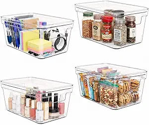MOONEDGE Small Clear Plastic Storage Bins with Lids and Handles,Stackable Small Item Organizer Containers for Vanity,Craft,Office,Fridge,Kitchen,Pantry,Bathroom,Closet - 4 Pack (1065 in)