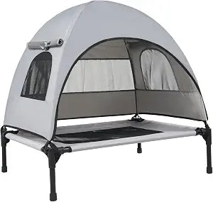 2-in-1 Elevated Dog Bed with Removable Canopy,Grey Oxford Fabric &Breathable Mesh Cooling Surface,8 inch Raised Pet Cot with UV Protection for Camping, Backyard & Travel (Small,24x32x32in).