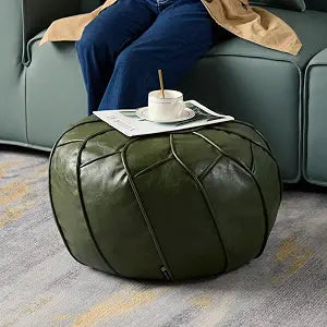 Louis Donn Handmade Moroccan Boho Chic Eco-Friendly Waterproof Faux Leather Unstuffed Pouf Ottoman Cover,Round Storage DIY Foot Rest, Ethnic Decorative Accent for Living Room BedroomGreen