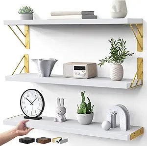 BAYKA Wall Shelves for Bedroom Decor, Floating Shelves for Living Room Kitchen Storage, Wall Mounted Rustic Wood Shelves for Kids Books,Corner Shelves for Bathroom(White and Gold23inSet of 3)