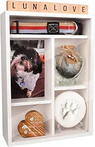 Pet Memorial Shadow Box with Shelves for Loss of Dog Cat Memorial Gifts 4X6 Picture Frame Paw Print Kit Fur Keepsake Heart Plaque Collar Holder and Personalized Blocks Pet Remembrance Sympathy Gift