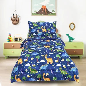 Hooyax Toddler Bedding Set for Boys - 4 Piece Dinosaur Toddler Comforter Set Includes Fitted Sheet, Comforter, Pillowcase & Flat Sheet - Soft Comfort Microfiber for All Seasons