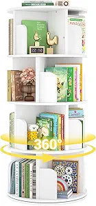 Besiost Rotating Bookshelf, Wood Corner Bookshelf, 360 Display Spinning Bookcase Storage Rack, 4 Tier Floor Standing Revolving Bookcase Narrow Book Shelf Organizer for Small Space, Bedroom, White