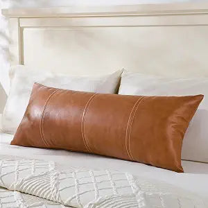 Long Lumbar Faux Leather Decorative Throw Pillow Cover for Bed 14x36 Inch Cognac Brown Modern Farmhouse Home Decor Rustic Boho Cushion Cases for Bedroom Couch Sofa Living Room