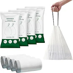 SONGMICS Trash Bags, Drawstring Kitchen Garbage Bags, Pre-Separated, Box-Free Pack, for 8-Gallon (30 L) Trash Cans, Liner Code 30A, 4 Rolls, 180 Count, White UKRB030A04