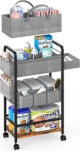 LIDTOP 2In1 Baby Diaper Caddy & 4-Tier Rolling Diaper Cart, Diaper Caddy Organizer Cart with Dividers & Drawer, Mobile Metal Bedside Cart for Nursery Essentials Storage, Large Capacity