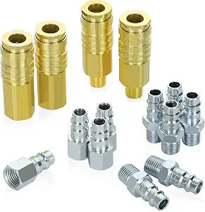 High Flow V-Style Air Fittings, Brass Quick-Connect Coupler and Steel Plug, 1/4 Inch Body Size, 1/4 Inch NPT Threads Size, 250PSI, 14PCS Air Compressor Hose Accessories
