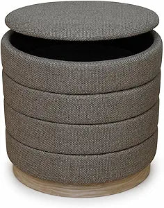 Ottoman Collection Stylish Linen Cylinder Storage Tan Round Footrest Vanity Stool Furniture Living Room Small Bench 16" L X16 W X 17" H