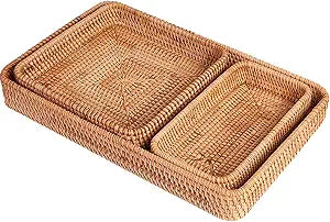 ChezMax Rattan Basket Organizing Storage Wicker Baskets Rectangle Organizer Guest Towel Holder for Bathroom Countertop Accessories Decorative Wicker Tray