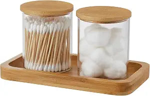 INIUNIK Glass Qtip Holder with Vanity Tray, Apothecary Jars Bathroom Accessories Bathroom Canisters Organizer Countertop Q Tip Holder for Cotton Ball Round Swab Pad Hair Ties Floss Perfume Jewelry