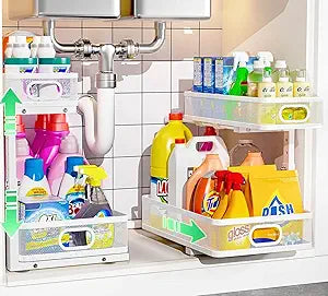 Under Sink Organizer 2 Pack, High Adjustable 2 Tier Under Sink Organizers and Storage, Slide out Metal Cabinet Organizers, Pull out Storage Drawer Shelf for Kitchen Bathroom Cabinet