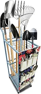 Garden Tool Organizer with Wheels Heavy Duty Yard Tool Organizer Rack with Side Storage Pockets Sturdy Metal Steel Holder with 6 Hooks for Garage, Yard, Patio, Shed