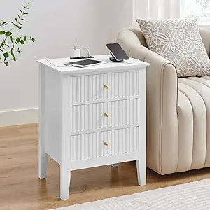 OCANDO White Bed Side Table with 3 Drawers 19" W, Bedroom Nightstand 24" H,Vintage Modern Night Stand with USB Ports,Living Room Fluted End Bedside Tables