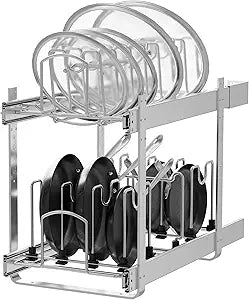 2-Tier Kitchen Pull out Cabinet Organizer for Pots, Pans, and Lid Cookware, Adjustable Heavy Duty Wire Pan and Pot Rack, Full-Extension Rail 12" W *22" D